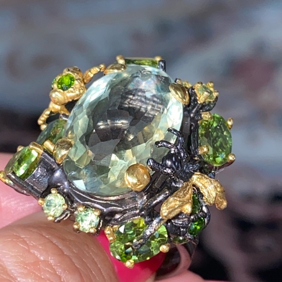 Intricate Genuine Green Amethyst Ring with Gems - Picture 8 of 17